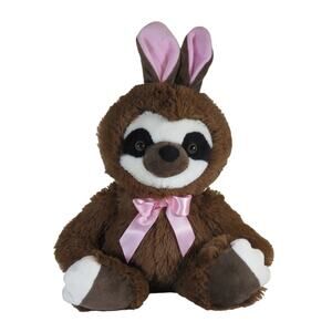 Kellytoy Sloth Bunny Ears Plush Toy Pink Bow Stuffed Animal Sitting 13" Tall